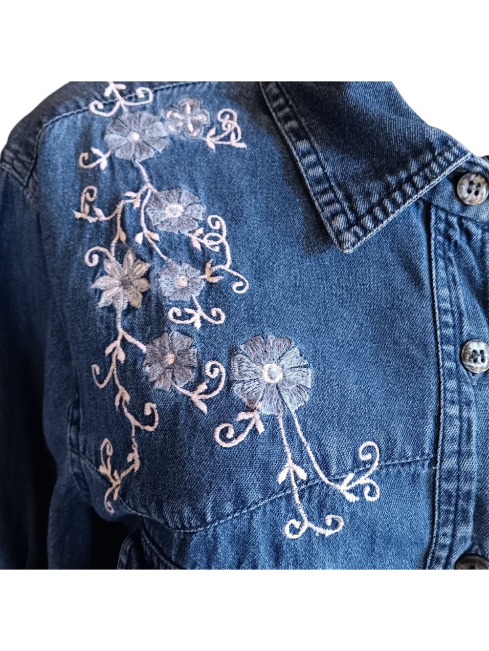 Large Vintage Women's Shirt Ozark Mountain Jean Company Denim Embroidered Ranch